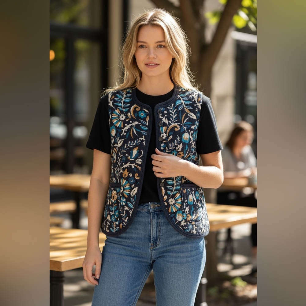 NWT BAGATELLE COLLECTION Quilted Floral Print Barn Vest Pockets Medium